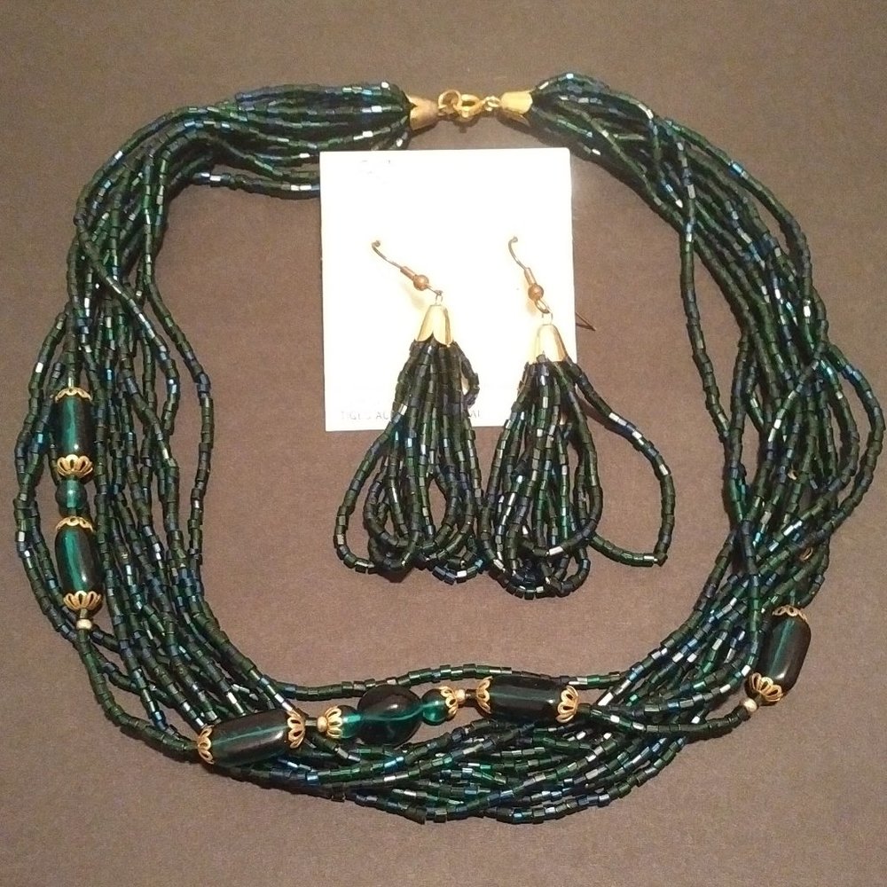 Vintage Green & Gold Beaded Necklace & Earrings Set